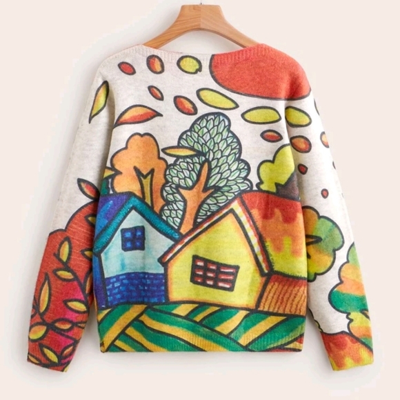 Sweaters - Cartoon Print country side Button Detail Sweater